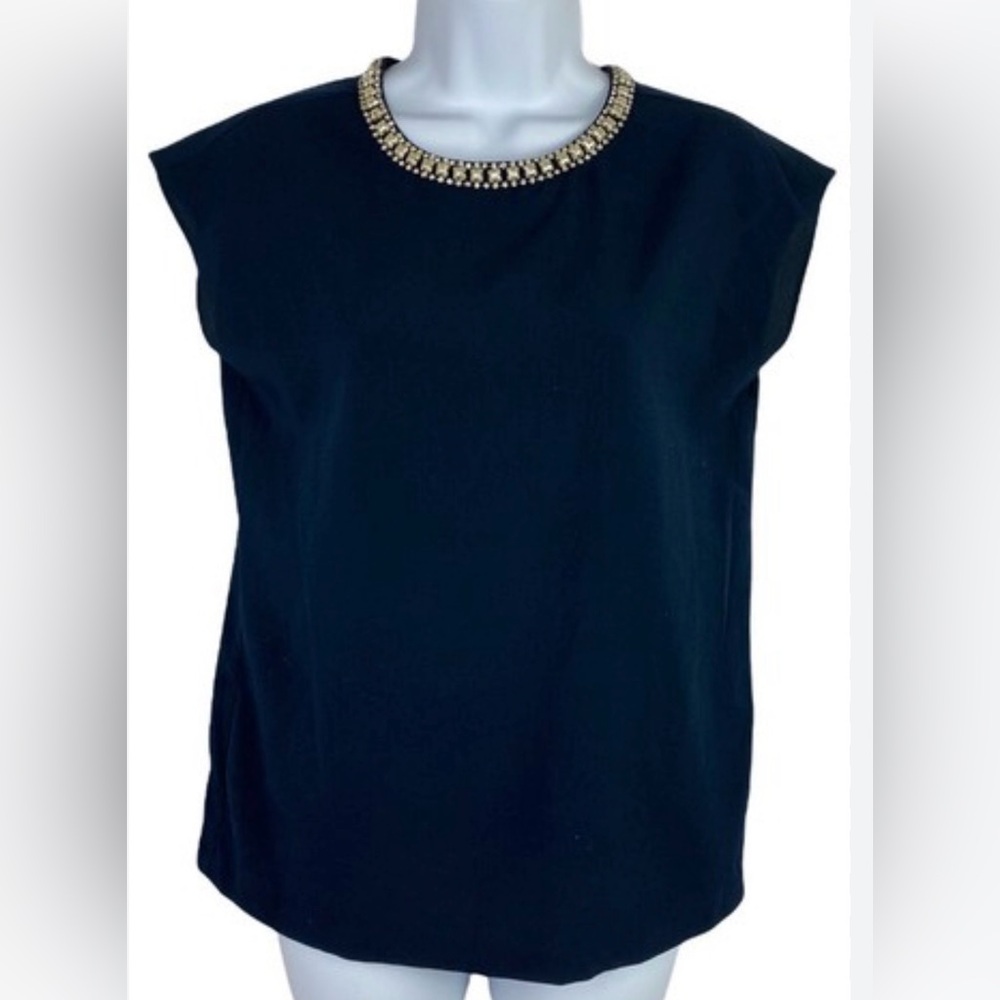 Cynthia Rowley Navy Sleeveless Jeweled Embellished Beaded Collar Blouse Top
